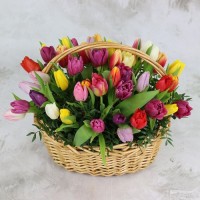 Корзина с разноцветными тюльпанами